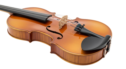 A polished wooden violin, rich golden-brown hue, rests diagonally on a black backdrop, showcasing its elegant curves and intricate details.