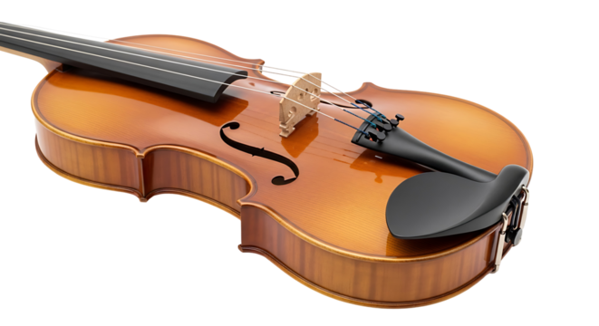 A polished wooden violin, rich golden-brown hue, rests diagonally on a black backdrop, showcasing its elegant curves and intricate details.