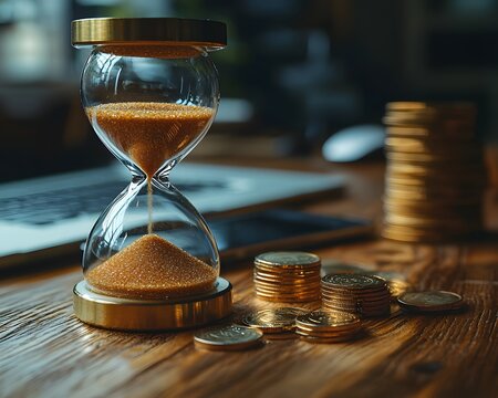An hourglass with sand flowing and stacks of coins on a wooden desk symbolizing time and money