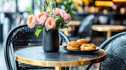Pink roses in a vase, pastries on a plate, atop a bistro table