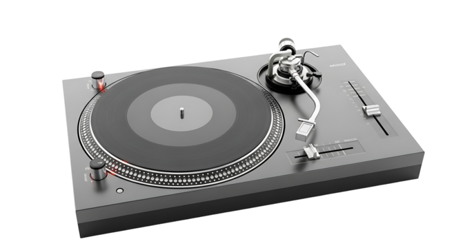 A modern, gray vinyl record player, complete with a shiny metal tonearm and subtle red accents, stands against a dark background.