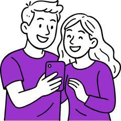 hand drawn style  Flat vector design ilustration happy couple with smartphone taking selfie