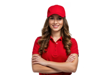Confident young woman with long wavy brown hair wearing a red baseball cap and polo shirt smiling transparent background