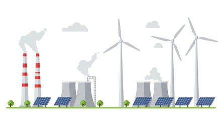 Renewable and traditional energy sources: wind turbines, solar panels, and factories in contrast