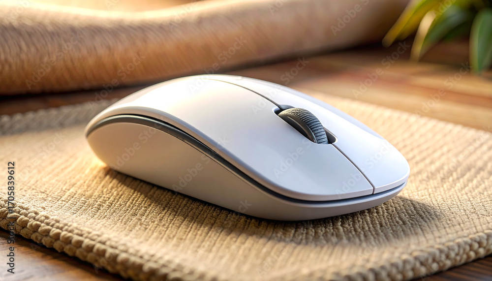 Poster wireless mouse on desk: a pristine wireless mouse rests elegantly on a soft surface, symbolizing sea