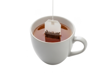 A cup of tea with a teabag isolated on transparent background