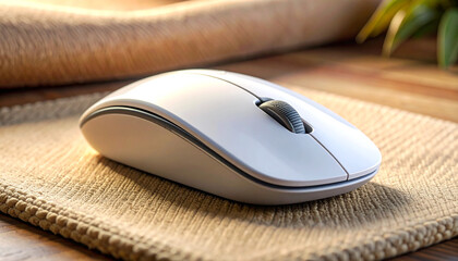 Wireless Mouse on Desk: A pristine wireless mouse rests elegantly on a soft surface, symbolizing seamless technology and effortless digital navigation.