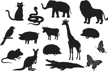 Fototapeta premium Animal silhouettes vector set including wild and domestic animals, cat, lion, elephant, giraffe, snake, birds, butterfly, crocodile