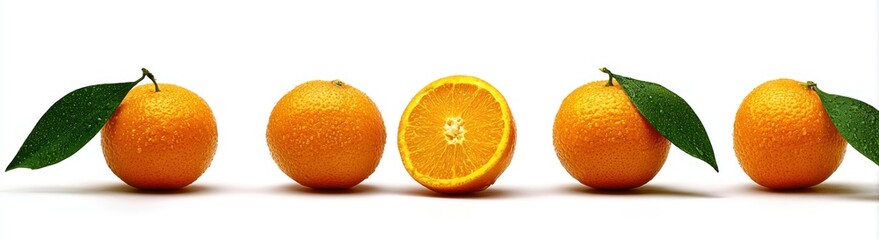 Five oranges, four whole, one halved, arranged in a row on a bright white surface, with green leaves attached to a couple of the fruits