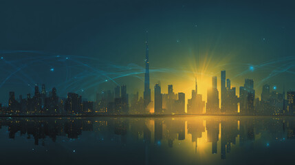 Fototapeta premium Twilight in the Smart digital Innovation city with connection network reciprocity over the cityscape. of future smart wireless digital city and social media networking systems that connects people