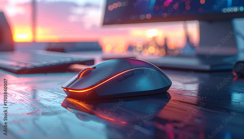 Poster tech mouse amidst the dusk: a sleek, modern computer mouse, illuminated with vibrant neon accents, r