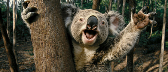 Playful koala clinging to tree, open mouth, waving paw