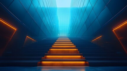 Modern futuristic staircase with glowing orange steps leading upwards towards bright blue light