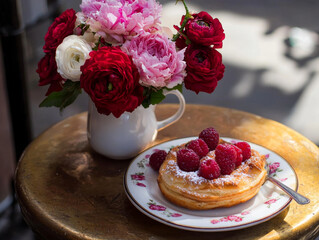 Raspberry pastry and vibrant flower bouquet on a rustic table
