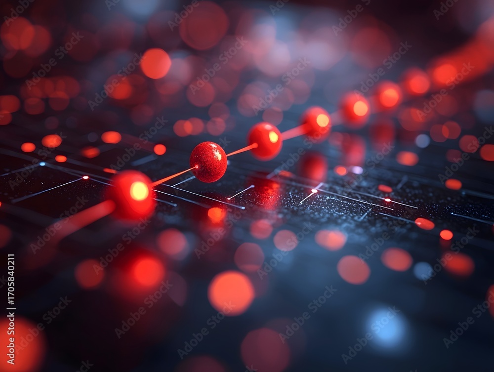 Poster abstract digital network of glowing red spheres on a dark blurred background symbolizes growth and c