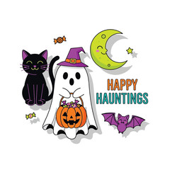 Cute Happy Halloween Spooky Skeleton Pumpkin Trick or Treat Skull and Bat Illustration