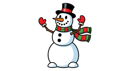 A cheerful snowman, wearing a festive hat, scarf, and mittens, stands out against a simple black background.