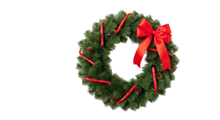 A festive Christmas wreath, adorned with vibrant red candy canes and a satin ribbon, is beautifully displayed against a stark black background.
