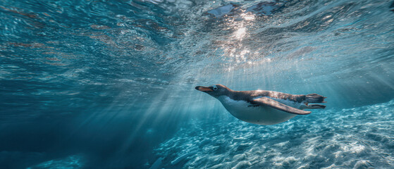 Naklejka premium Diving penguin in crystal clear waters marine habitat underwater photography natural environment side view wildlife conservation