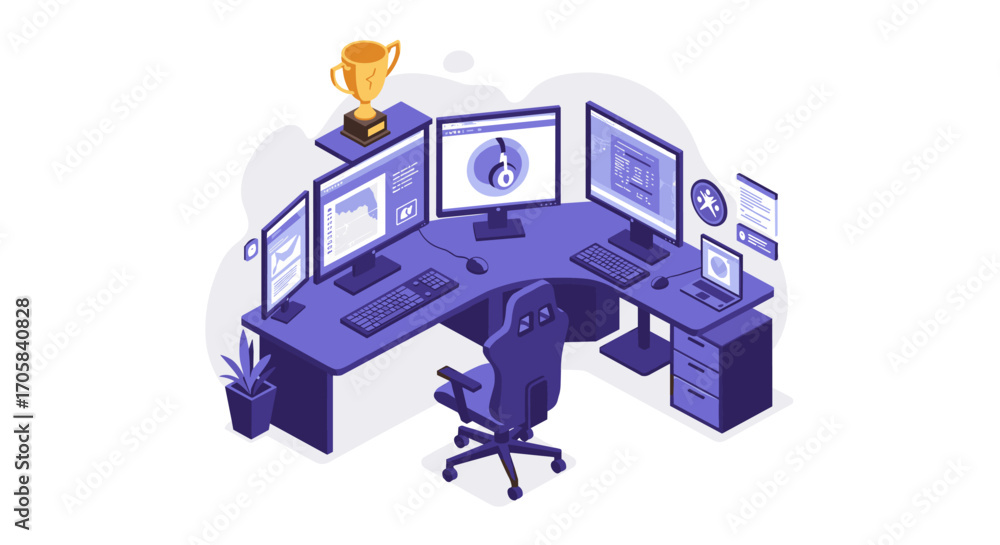 Aufkleber isometric office workspace with multiple monitors and trophy in modern design