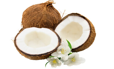 Whole and halved coconuts with delicate white flowers on a black background