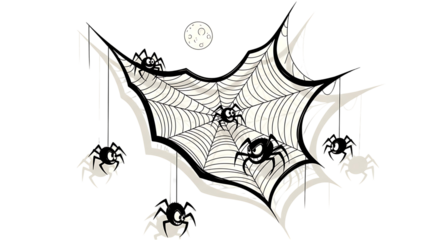 A black and white illustration showcases a large spiderweb with multiple spiders, hanging from threads, against a dark background with a moon.