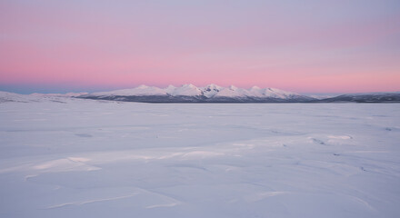 A vast, minimalist snowfield under a soft pink and purple pastel sky at twilight, a simple, beautiful, and serene winter landscape creating a sense of peace.