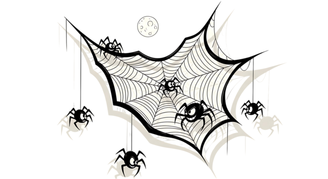 A black and white illustration showcases a large spiderweb with multiple spiders, hanging from threads, against a dark background with a moon.