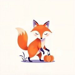 Obraz premium Fox holding pumpkin and walking in a playful style on white background 