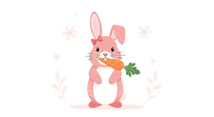 Obraz premium Adorable Bunny Ingesting Carrot Surrounded By Floral Embellishments On White Background
