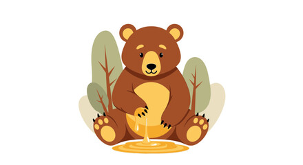 Obraz premium Adorable Cartoon Bear Enjoying Honey, Lovely Forest Scene, Flat Illustration Style
