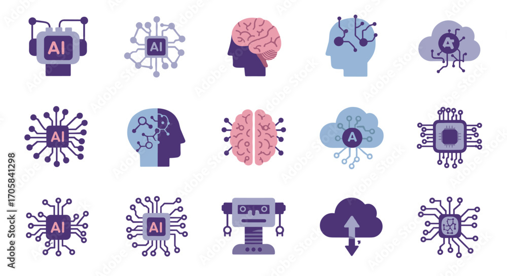 Poster artificial intelligence icons featuring neural networks and cloud technology