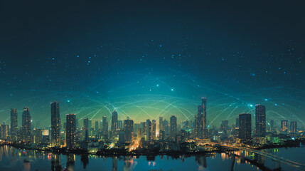 Obraz premium Twilight in the Smart digital Innovation city with connection network reciprocity over the cityscape. of future smart wireless digital city and social media networking systems that connects people