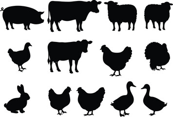 Farm animals silhouettes vector set including pig, cow, sheep, chicken, turkey, duck, rabbit, domestic livestock icons, agriculture illustration