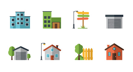 Charming urban and suburban elements: flat design buildings and houses
