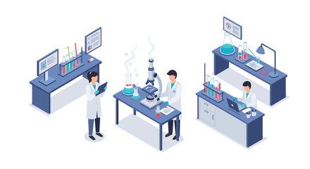 Obraz premium Isometric laboratory scene with scientists conducting experiments and analyzing data