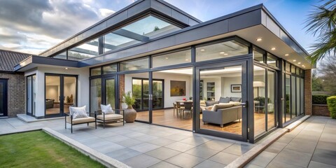 Modern Aluminium Veranda Extension with large windows and glass doors leading to a spacious open-plan living area with high ceilings , large windows, house extension