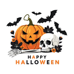 Cute Happy Halloween Spooky Skeleton Pumpkin Trick or Treat Skull and Bat Illustration