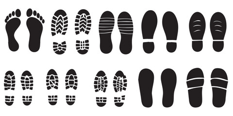Human Footprint and Shoe Sole Icon Set – Walking Steps, Barefoot and Footprints Silhouette Collection