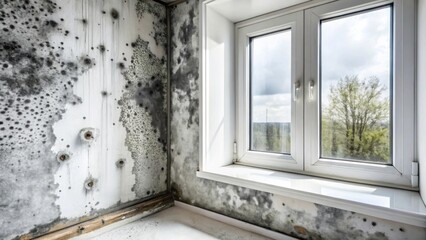 Fototapeta premium A window with a corner that has extensive mold growth and mildew, with black and white patterns on the walls, interior design, wall details