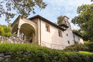 Ancient Church of Sant Anna above the village of Cuveglio, historic monastic retreat in provincia of Varese, Lombardy, Italy