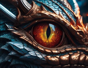 close up of dragon eye reflecting knight with sword