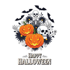 Cute Happy Halloween Spooky Skeleton Pumpkin Trick or Treat Skull and Bat Illustration