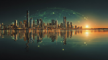 Obraz premium Twilight in the Smart digital Innovation city with connection network reciprocity over the cityscape. of future smart wireless digital city and social media networking systems that connects people