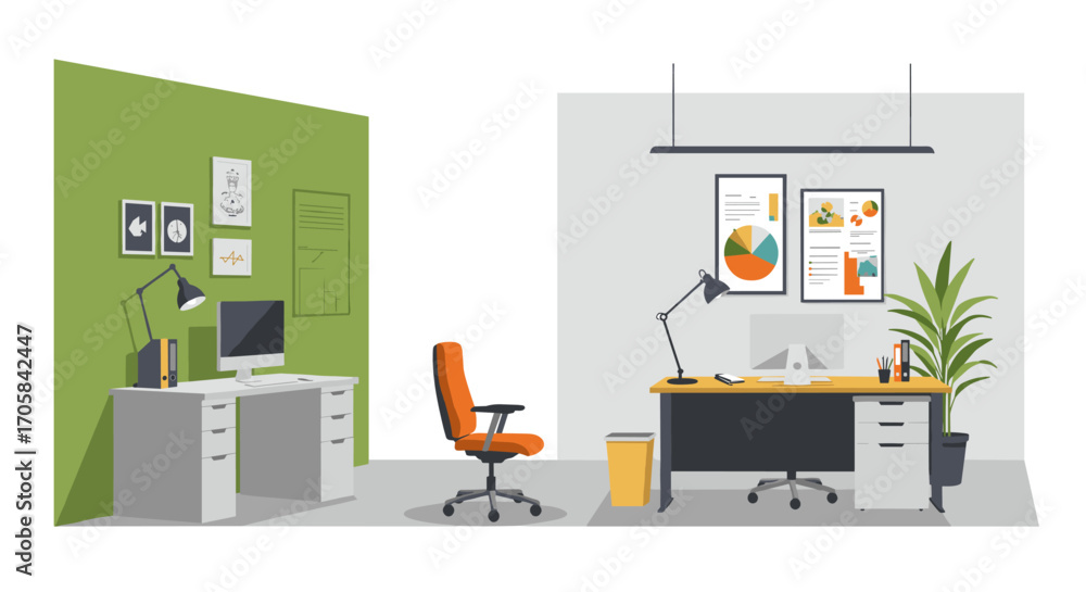 Aufkleber modern office workspace with desks and computers in flat design