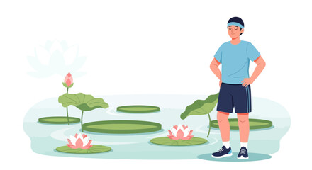 A Calm Man Standing Near Serene Lotus Flowers Floating On Pond Water