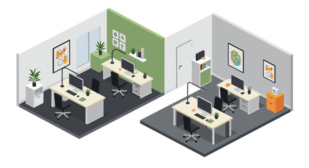Modern isometric office design with dual workspaces and minimalist decor