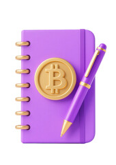 Cartoon-style image with purple spiral notebook, purple pen, and central golden Bitcoin symbol - clean layout with vibrant color contrast for digital currency theme.