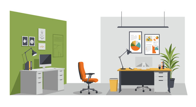 Modern office workspace with desks and computers in flat design