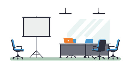 Modern office meeting room with presentation screen and ergonomic chairs